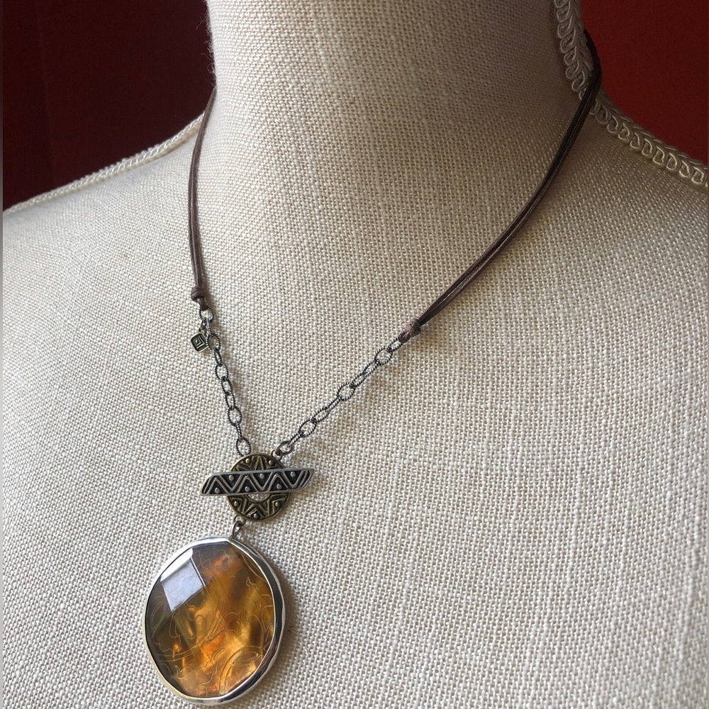 SILPADA 925 Amber Waves Glass & Etched Shell Leather Cord Necklace (Reversible)